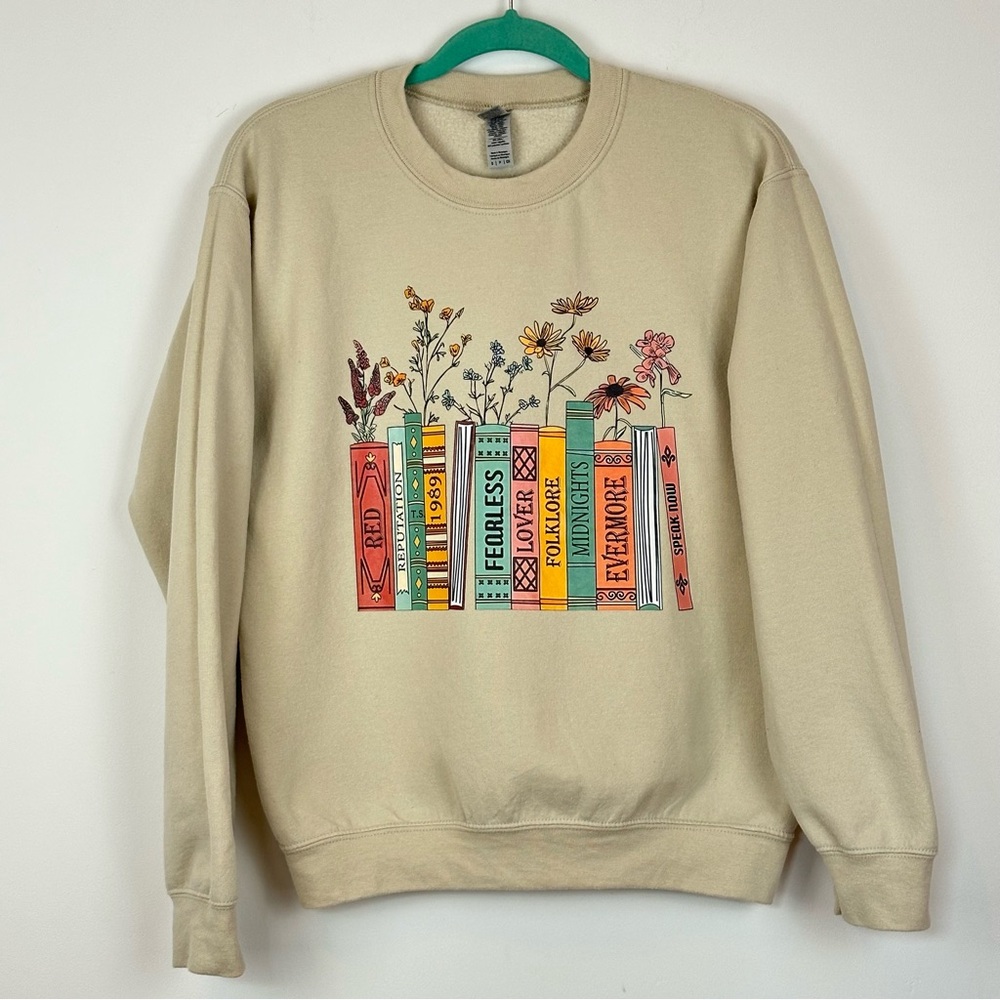 Taylor Swift TS12 Albums Books Flowers Colorful Beige Crew Neck Sweatshirt S